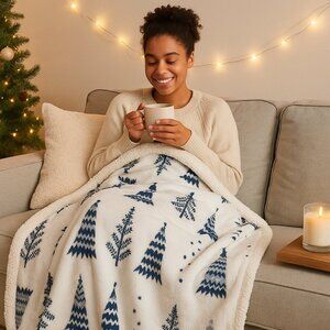 Tommy Hilfiger 1985 Winter Tree Sherpa Throw Designer Blanket 50”X60